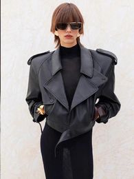 Women's Leather Vintage Eco-friendly Motorcycle Jacket Light Luxury Lapel Black 2023 Winter Fashion Minimalist