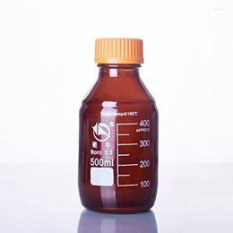 Brown Reagent Bottle With Yellow Screw Cover Borosilicate Glass 3.3 Capacity 500ml Graduation Sample Vials Plastic Lid