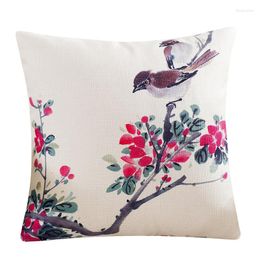 Pillow Birds Flowers Print Decorative Case American Country Style Cover 45x45CM Cotton Linen Office Home Sofa Art Decor