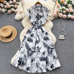 Casual Dresses Summer Runway Fashion Shirt Dresses Women's Short Sleeve Jungle Ink Print Office Retro Midi Dress Frocks Palm Long Robe 2023