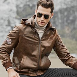 Men's Jackets Brand Pigskin Genuine Leather Mens Hooded Motorcycle Zipper Hat Detachable Rib Sleeve Male Plus Size 5XL Short Coats