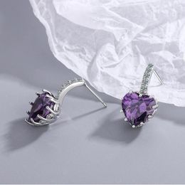 Stud Earrings Minimalist Amethyst Crystal Heart Shape Earring Full Zircon For Women Dainty Silver Plated Wedding Jewellery