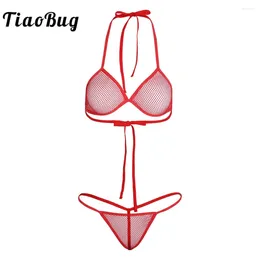 Women's Swimwear TiaoBug Fishnet See-through Bra Tops With G-string Lingerie Women Sexy Mini Bikini Set Swimsuit For Swimming Underwear