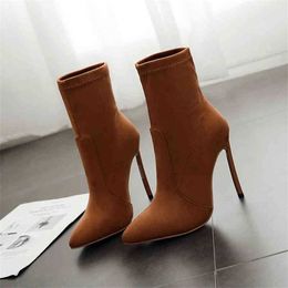 Boots new spring and autumn high heel fashion boots women's thin Martin middle tube pointed short suede elastic 220830