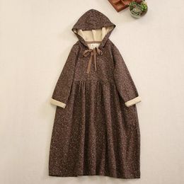 Casual Dresses Autumn And Winter Mori Woman Japanese Floral Hooded Thick Cotton Long-Sleeved Dress Loose Large Size Retro Robe