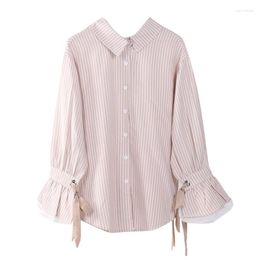 Women's Blouses PERHAPS U Office Lady Striped Turn Dwon Collar Single-breasted Flare Long Sleeve Lace-up Back Bow Pink Apricot Shirt B0655