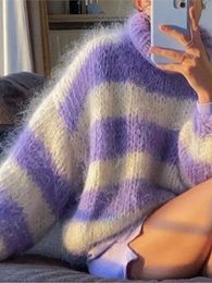 Women's Sweaters Mohair Stripe Crochet Knit Women Cute Pullover Turtleneck Lantern Sleeve Oversized Loose Sweater Autumn Chic Casual Streetwears 231108