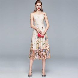 Designer Runway Dress arrive Mesh embroidery Flower women summer dress Short sleeve sweet Long 210529226e