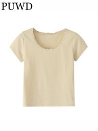 Women s T Shirt PUWD Casual Women Beige Bow Retro O Neck Slim Tees Summer Fashion Ladies Short Sleeves Female Knitted Top 230407