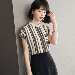 Women's Blouses Summer Short-sleeved Temperament Chiffon Shirt Top Fashion Striped Pastel Ol Female Blusas Feminina Ver O 2023