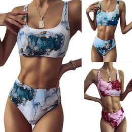 Women's Swimwear Women Sexy Sleeveless Classic Printed Nude Mid-Size Midriff Bikini Tank Top And Panties Two-Piece Swimsuit