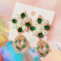 Dangle Earrings MWSONYA Fashion Korean Vintage Green Crystal Flower Drop For Women Girls Elegant Pearl Party Brincos Jewellery Gifts