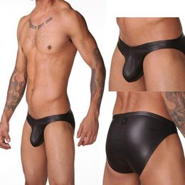 Black Sexy Men Underwear Faux Leather Bodycon Panties Low Waist Briefs Wrapped Thongs Male Exotic Underpants314F