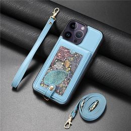 Lanyard Graffiti Phone Case for iPhone 15 Plus 14 13 Pro Max Samsung Galaxy S23 Ultra S22 S23FE A73 5G A53 A54 A52 A14 A13 A12 Multiple Card Slots Leather Wallet Shell