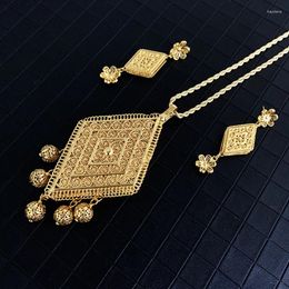 Necklace Earrings Set Arabic Trendy Gold Plated Copper Necklace/Earring Women Geometric Hollow Flower Long Chain Pendant Bridal Costume