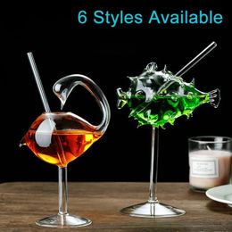 Wine Glasses Creative Pufferfish Octopus Swan Bird Cocktail Glass Transparent Goblet Glass with Straw Wine Juice Cup for Party Bar Nightclub 231107