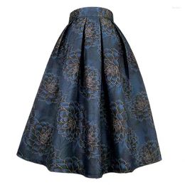 Skirts 2023 Autumn Stylish Korean Woman 60s Vintage Aesthetic Elegant Dreamy Blue Flower Print High Waist Long Pleated Skirt 3XL 5XL