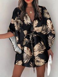 Casual Dresses Women's Bohemian Dress Loose Print V-Neck Bat Sleeve Lace-up Irregular Mini Tank Top Summer 2023