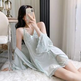 Women's Sleepwear Twinset Robe Set Women Lace Bathrobe Gown Sleep Suit Velour Kimono Nightdress Lingerie Autumn Winter Nightgown