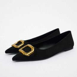 Sandals Black Flat Mules Women Elegant Front Metal Ballet s Woman Pointed Toe Shoes Ladies Casual Plus Size New s 230406