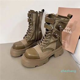 2023-Designer New Street Short Thick Heel Denim Women Boots Side Zipper Fashion Martin Boots Thick Sole Motorcycle Casual Mid Sleeve