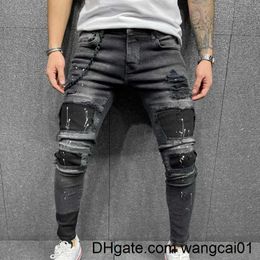 Men's Jeans New Men's Four Seasons Small Foot Pencil Pants Striped Denim Nine-Part Pants Patchwork Pattern Jeans 2022 New Men's Jeans 0408H23