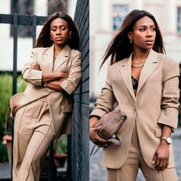 Women's Two Piece Pants Khaki Women Suits 2 Pieces Party Suit Deep V Neck One Button Work Wear Tailored Causal Fashion Real Image Coat Wide