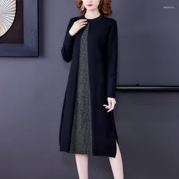 Casual Dresses Winter Black Patchwork Wool Sweater Midi Dress Autumn Women Vintage Knitted Pullovers Elegant Bodycon Sweaters&Jumpers