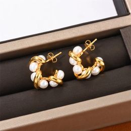 New Pearl Twisted Rope Double-Layer Earrings Stud Female French Temperament Simple Personality Geometric C-Shaped Jewellery Gift