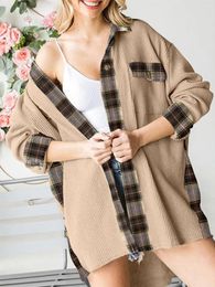 Women's Jackets Autumn Winter Knit Loose Fit Long Sleeve Plaid Coat Tops Waffle Outwear Women Button Down Lapel Collar Jacket Streetwear