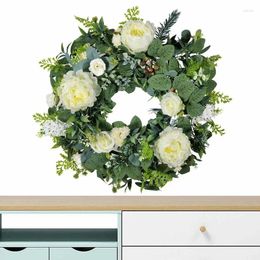 Decorative Flowers Spring Door Wreaths 51cm/20.07in Artificial Peony Wreath With Green Leaves Round Summer Hanger For Wedding Party