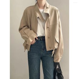 Women's Jackets Korean Style Stand Collar Jacket Cardigan Women 2023 Autumn Loose Hem Drawstring Short Tops