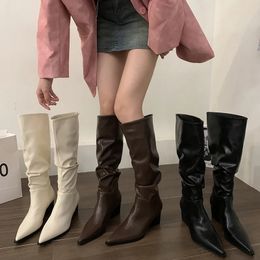 Boots Winter Designer Woman High Boots Fashion Pointed Toe Ladies Elegant Long Boots Shoes Square Low Heel Women's Footwear 231108