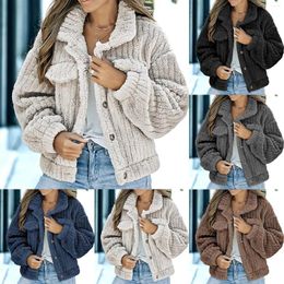 Women's Jackets Ladies Lace Tops Shiny Top Casual Wool Solid Color Lapel Button Long Sleeve Jacket Coat Winter Loose Aline