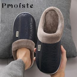 Slippers Winter Home Slippers for Men Memory Foam Massage House Slippers With Fur PU Leather Waterproof Indoor Male slipper Plus Size 51 231108