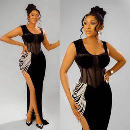 Spaghetti Mermaid Black African Nigeria Long Prom Gowns Side Split Elegant Pearls Elastic Satin Corset Evening Dresses Vestidos robes de soiree Gala Event Gown