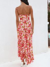 Casual Dresses Women Summer Fashion Off Shoulder Long Dress Floral Print Tie-Up Spaghetti Strap Backless Sleeveless Party Cami