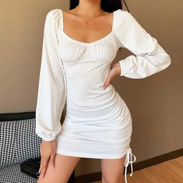 Casual Dresses Women's Elegant Fluffy Long Sleeve Knitted Dress Y2K Sexy Lace Pleated Tight Fit Mini Dress Office Women's Bandage Dress 230408