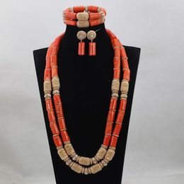 Necklace Earrings Set Splendid 2 Layers Coral Bracelet Natural Tube Beaded Bridal Jewellery CNR746