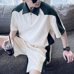 Men's Tracksuits Summer Japan-South Korea Colour Contrast Lapel Half-Zip Casual Short-Sleeve Polo Shirt Suit Sports Drawcord Shorts Two-Piece