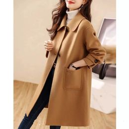 Women's Wool Blends Wool Blends Coat Women Korean Fashion Office Lady Single Button Winter Coats Pocket Camel Mid Length Trench Coat for Women 231108