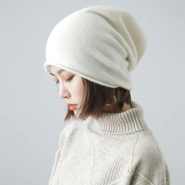 Beanie/Skull Caps Women 30% Cashmere Beanies Simple Solid Caps Rolled Hem Hat Blends Soft Thin Knit Hat Wool Winter Spring Warm Sleep Hair Bonnet 231108