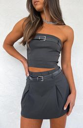 Women's Tanks Fashion Women Tops Skirt Suit Sleeveless Off Shoulder Wrap Chest Crop Vest Solid Colour Wrapped With Belts S M L