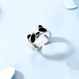 Cluster Rings Lovely Black Enamel Panda Open Ring For Women Girls Silver Colour Elegant Adjustable Female Party Jewellery Birthday Gift