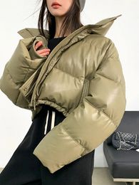 Women's Down Parkas Jmprs American Biker Women Pu Puffy Coat Winter Retro Cropped Casual Thick Warm Lady Long Sleeve Loose Cotton Coats 231108