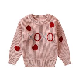 Pullover Kleinkind Kinder Baby Mädchen Valentinstag Pullover Herz Stickerei Übergroße Gestrickte Sweatshirt Rundhals Pullover Tops 231108