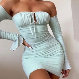 Casual Dresses Women Mesh Sexy Mini Dress Slash One Shoulder Strap Collar Flared Sleeves Lace-up Bodycon Boat Neck Pleated Tight