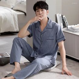 Men's Sleepwear Pyjamas Summer Thin Pure Cotton Lapel Short Sleeve Cardigan Pants Home Clothing Set Loose Fitting Casual Homewear