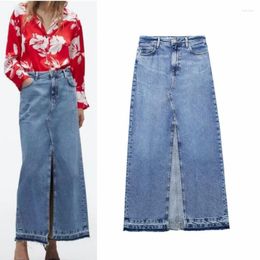 Skirts RDMQ 2023 Women Slim Cut Denim Midi Long Fashion High Split Vintage Waist Autumn Causal Elegant A-Line