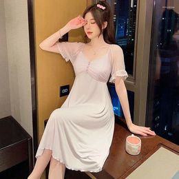 Women's Sleepwear Women Modal Short Sleeve Nightdress Princess Nightwear Sweet V Neck Cotton Long Nightgown Summer Sexy Mesh Night Dress